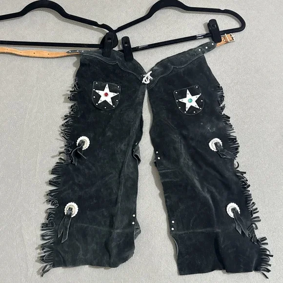 Kids Boys Girls S M Black Suede Leather Western Chaps Cowboy Belted Waist Fringe