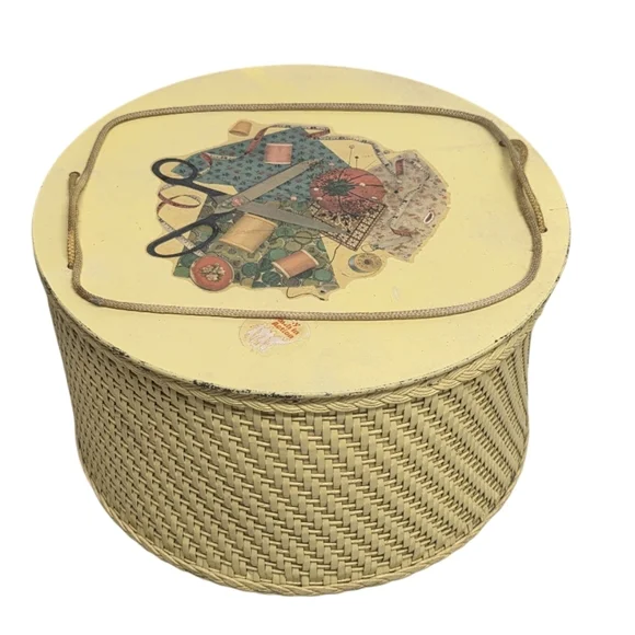 Vintage Soft Yellow Wicker Sewing Basket