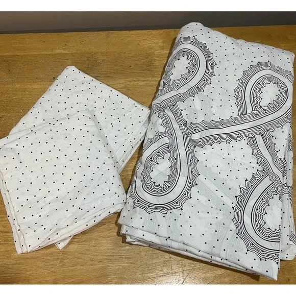 Vtg IKEA Queen Duvet Cover Black Mini Polka Dots Waves Loops White 2 Shams 94x82