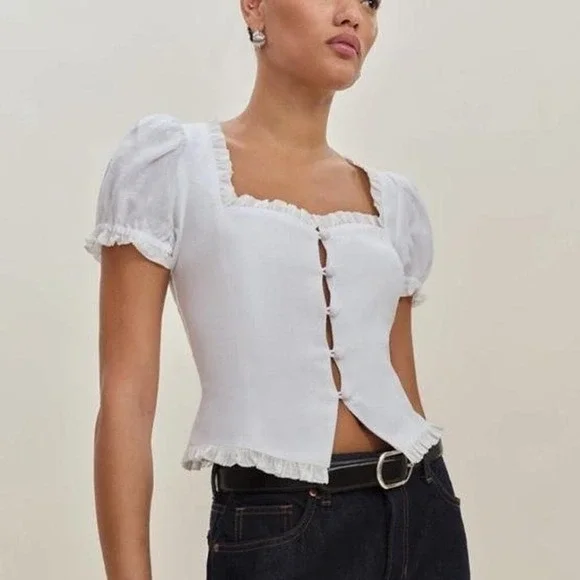 Reformation Rosemary Linen Top White Puff Sleeve Tie Back Cottagecore Size 8 NWT