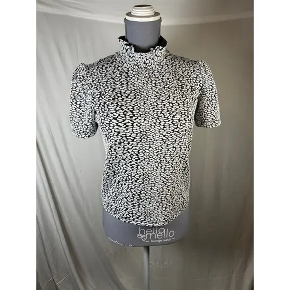💰Zara M High Neck Leopard Animal print blouse shirt mob wife stretch puff sleeve