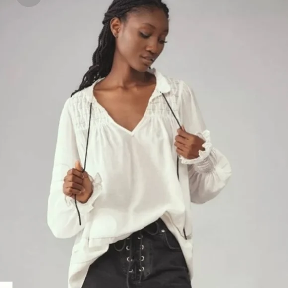 Anthropologie‎ Blouse White Cotton Smocked Peasant Long Sleeve