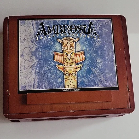 Wood Ambrosia Tobaccos Exxotica EMPTY Cigar Lift Lid Box Tiki Design