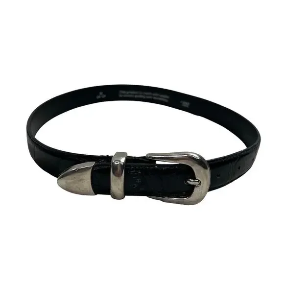 Black Leather Blet Silver Tone Buckle Hardware Embossed Girls M 24 26 Waist