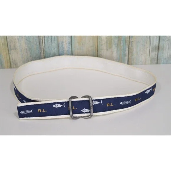 Ralph Lauren Polo Youth Belt Sharks Fish Bones Ribbon Double D Ring 33