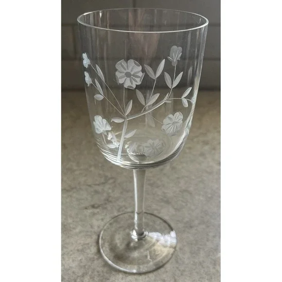 Vintage Etched Frosted Crystal Stemmed Wine Goblet Glass 3