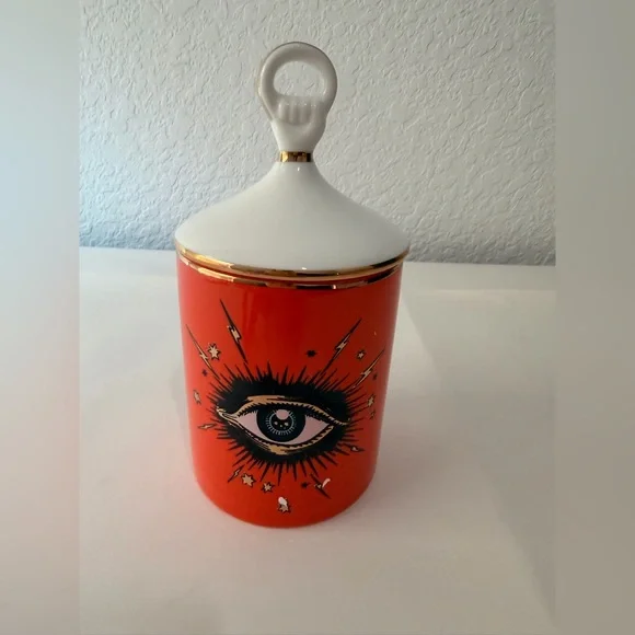 Whimsical Goth Evil Eye small Ceramic Jar Orange White Gold Eclectic Decor