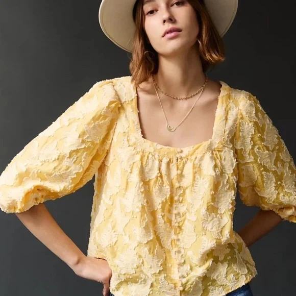NWT ANTHROPOLOGIE Yvonne Textured Yellow Boho Buttondown Puff Sleeve Blouse Top