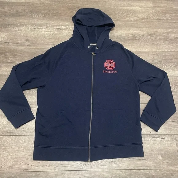 Pendleton Fleece Sweatshirt Hoodie Full Zip Chief Joseph Logo Navy Blue Size L