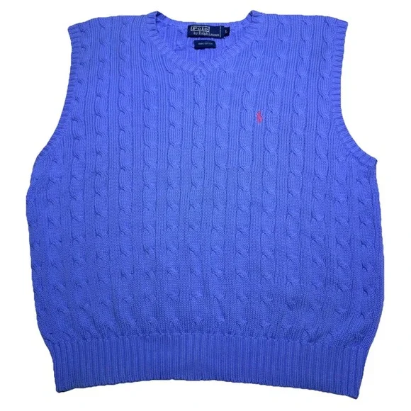 Polo Ralph Lauren Large Cable Knit Sweater Blue Pink Pony Preppy Vintage Vest