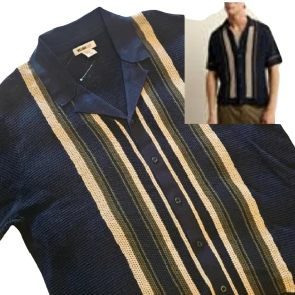 NEW! WILLIAM RAST Navy Striped Cotton Buttondown Short Sleeve Sweater XL.