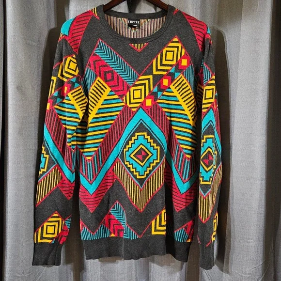 Empyre Mens Geometric Aztec Knit Sweater Medium Grey Red Teal Crewneck