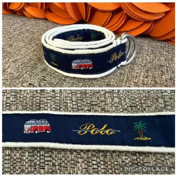 Polo Ralph Lauren nautical-themed D-ring woven cotton belt van & palm tree motif