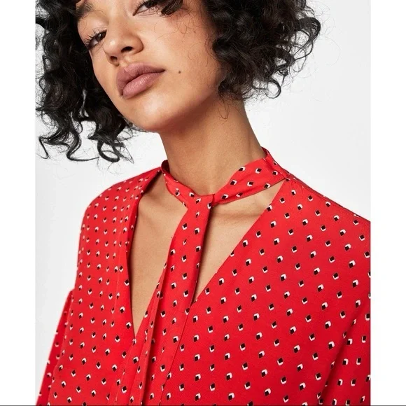 Zara Woman Women’s Red and White Puff Sleeve Blouse with Tie Front SZ Small