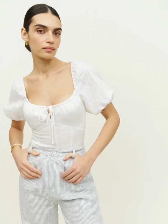 Reformation Rory Linen Blouse Puff Sleeve Shirt Tie Front Back Zip White