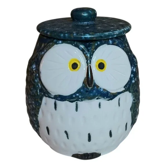 Blue & White Owl Tea Cup, Jar, Or Canister With Lid Speckled Ceramic 3.5