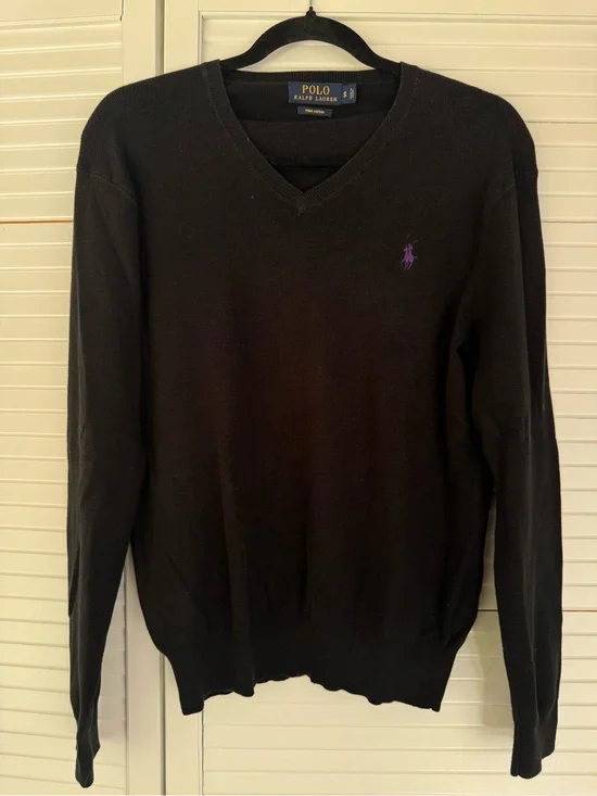 Ralph Lauren Black V-Neck Sweater with Purple Pony