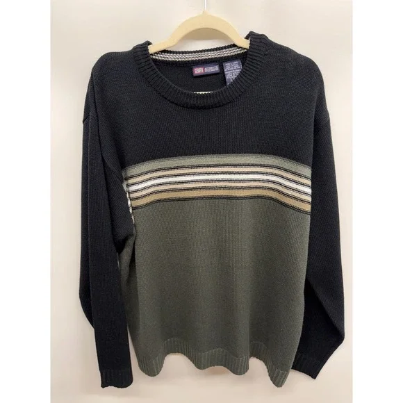 Faded Glory Mens‎ Crew Neck Black Striped Sweater Large Fisherman Grandpa Y2K