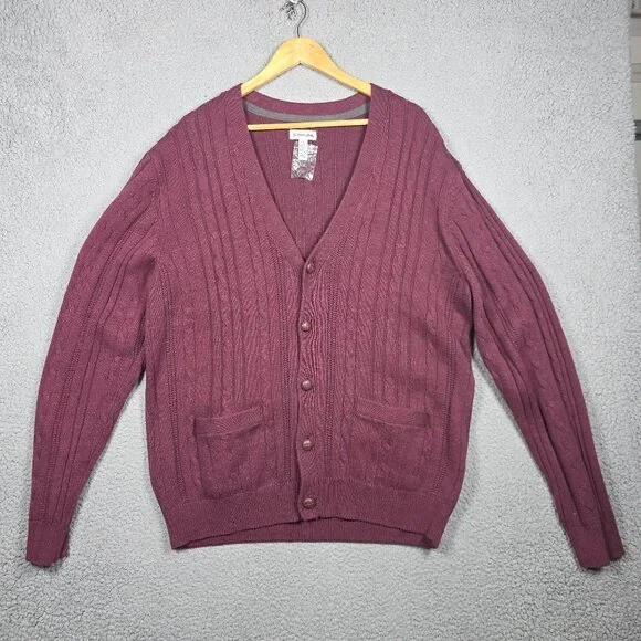 VTG St Johns Bay Sweater Mens Size LT Burgundy 3D Cable Knit Cardigan Grandpa