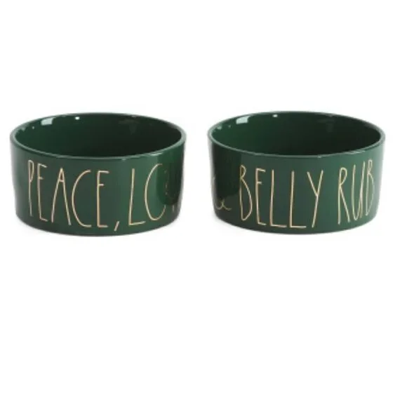 Rae Dunn New Green Peace Love & Belly Rub Pet Food & Water Bowls 2 Piece Set