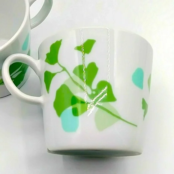 2 IKEA Stilenlig White Mugs With Ginko Leaves.