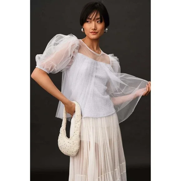 Anthropologie Sheer Puff Sleeve Tulle Overlay Blouse Light Blue Textured Top M