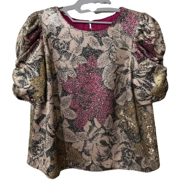 ANTHRO Sequin Puff Sleeve Top 00P Petite Champagne Gold Sparkle Crop EUC