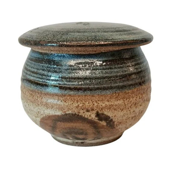 Sherwood Pottery Blue Lidded Jar Brown Swirl Jam Jar Or Trinket Box 3.5