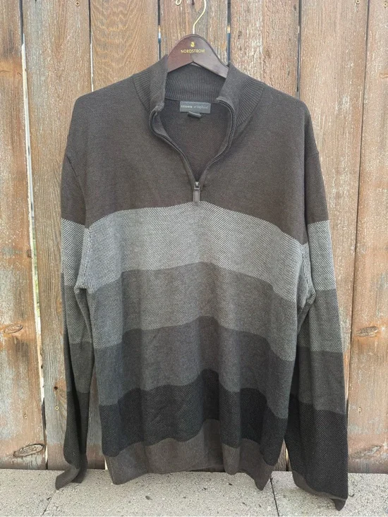 Tricots St Raphael Men's Brown Gray Striped Quarter Zip Acrylic Sweater Size XL