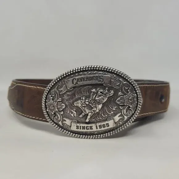Cavender's Belt Boy 22 Brown Leather Oval Rodeo Buckle Western Cowboy Floral