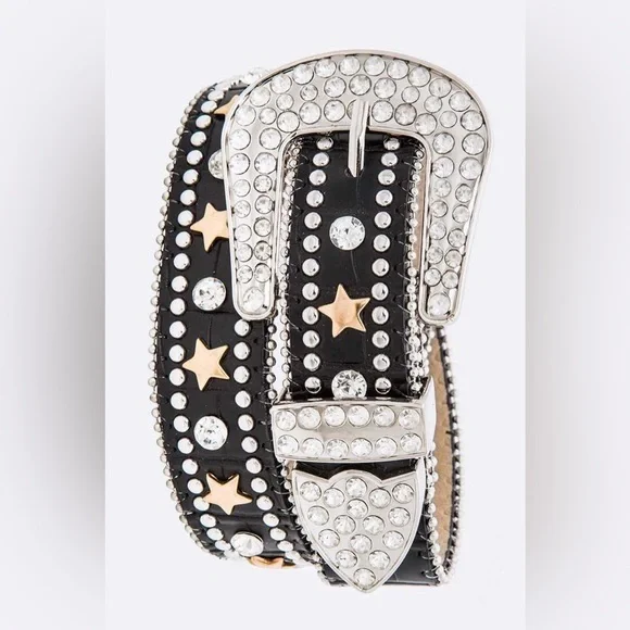 Black & Silver Genuine Leather Crystal Fashion Belt