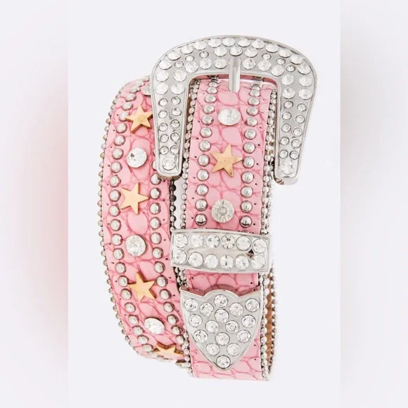 Pink & Silver Genuine Leather Crystal Fashion Belt