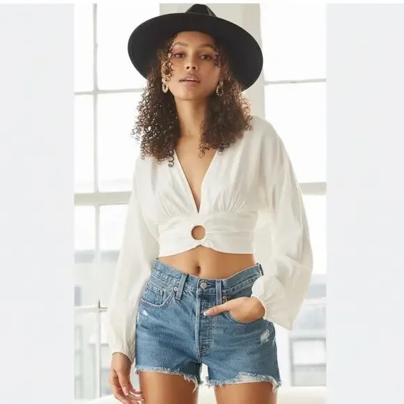 Zara 100% White‎ Linen O Ring Cropped Top M Deep V-neck Resort Puff Sleeve Boho