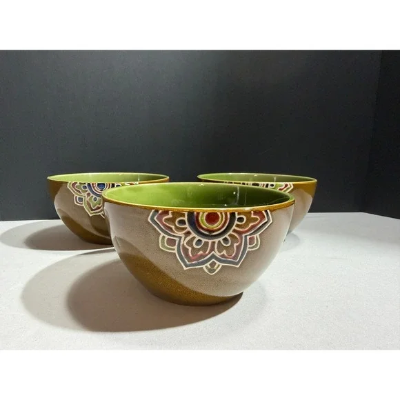 Pier 1 Imports Global Medallion Reactive Stoneware Cereal Bowls Set of 3 Green