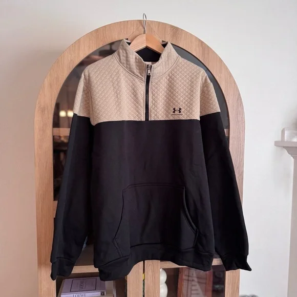 Under Armour Pullover Sweatshirt Men’s L Quarter Zip Black Tan Colorblock Fleece