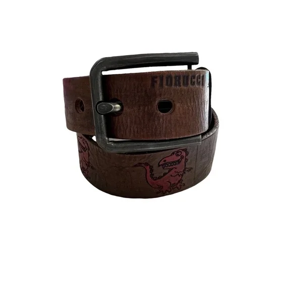 Fiorucci Vintage Kids Brown‎ Leather Red T-Rex Engraved Logo Belt Size M 24-30