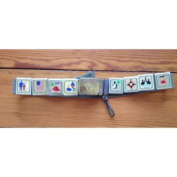 Vintage Cub Scout Belt with 8 Activity Badges Slides Brass Buckle 28
