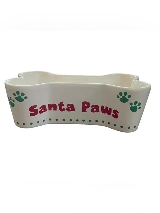 Santa Paws Ceramic Bone Pet Bowl - White with Red and Green