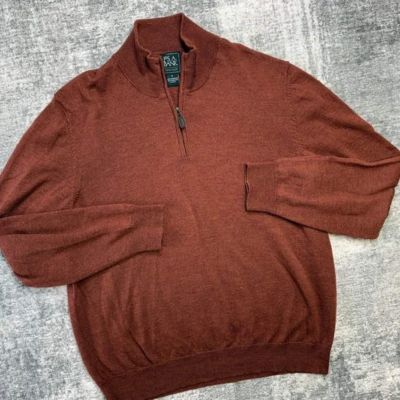Jos A Bank Sweater Mens XL Rust Brown Traveler Merino Wool 1/4 Zip Pullover Knit