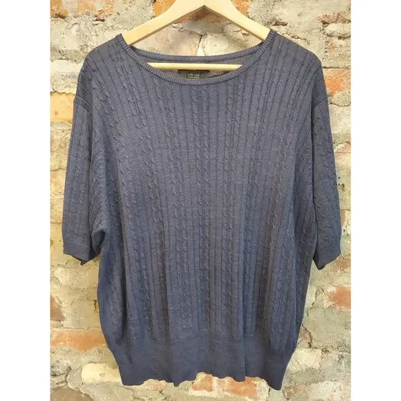 Yarnworks Pullover Sweater XL Navy Blue Cable Knit Short Sleeve Cotton Blend
