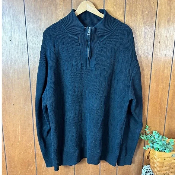 Weatherproof‎ Vintage Mens XXL Black 100 Cotton Quarter Zip Pullover Sweater