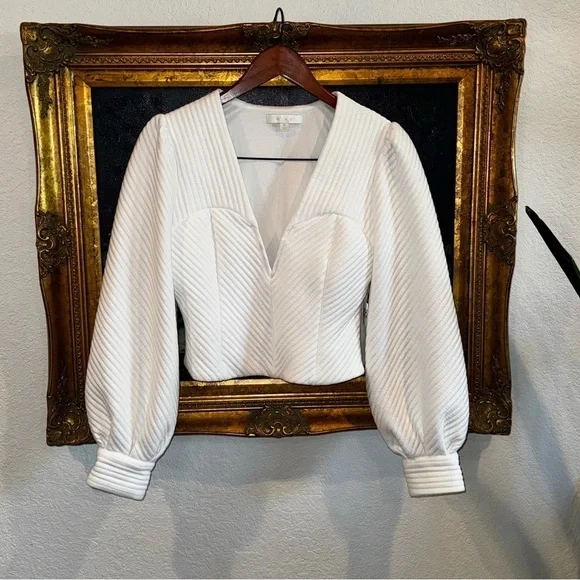 Eri + Ali Anthropologie White Bustier Low Cut Cropped Blouse with Puff Sleeves M
