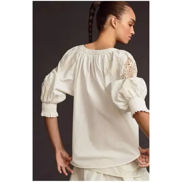 Anthropologie Women’s Sz S White Cream Crochet Blouse Short Puff Sleeve