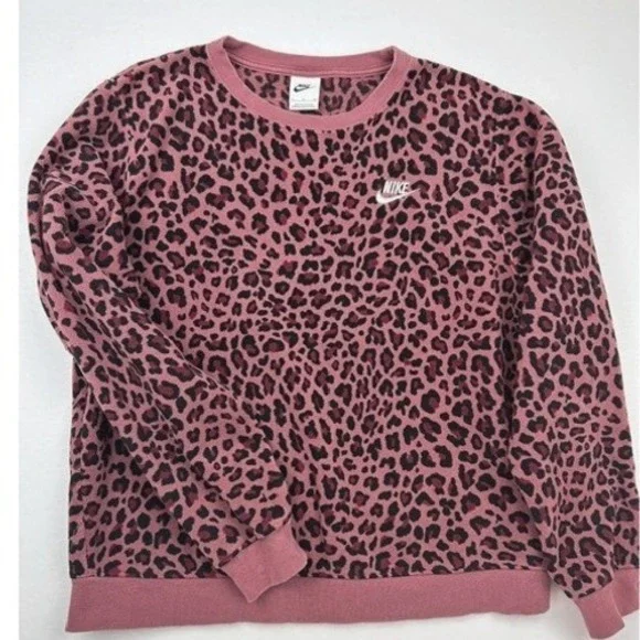 Nike Sportswear Essentials Leopard Print Fleece Sweatshirt Mauve Small