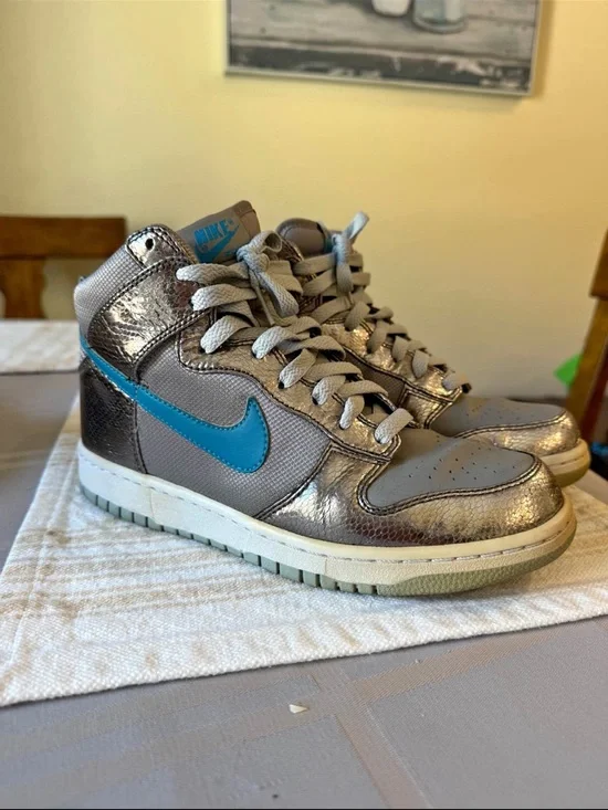 Nike Metallic Gray High-Top Sneakers with Blue Swoosh