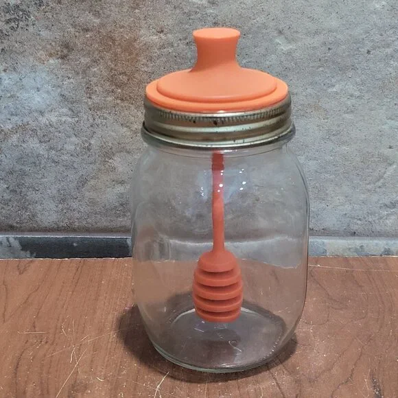 Glass Mason Honey Dipper Jar Special Lid Holds integrated Honey Dipper Wand