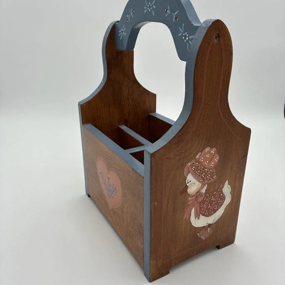 Vtg Hand Painted Wooden Caddy Folk Art Heart Duck Country craft Organizer Blue