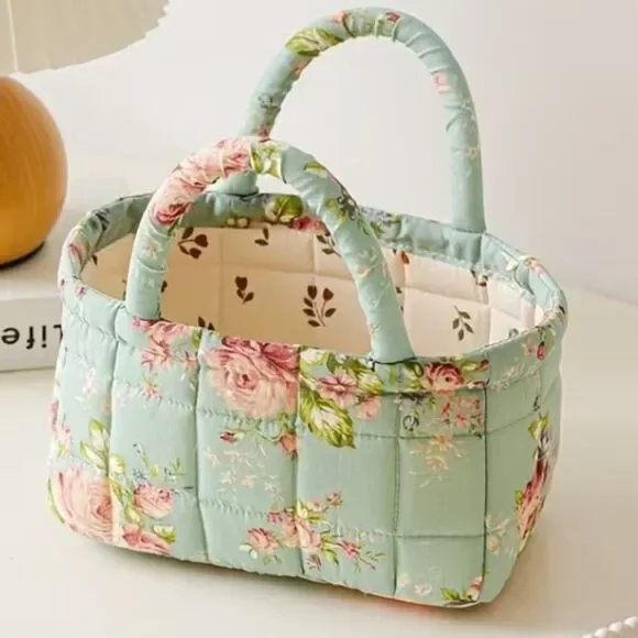 Vintage Floral Quilted Storage Basket Fabric Organizer Bin with Handles