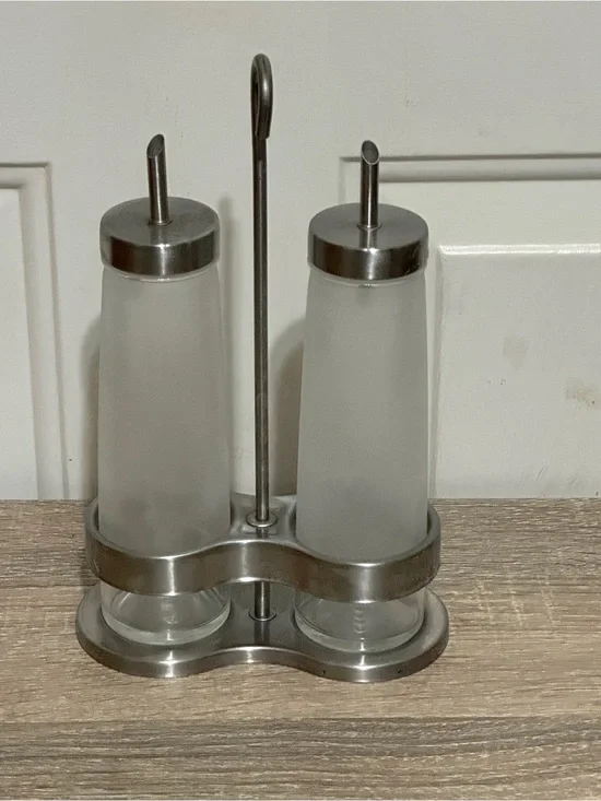 IKEA Droppar Frosted Oil & Vinegar 3 Piece Set Stand 2 Jars 601.136.12 15234