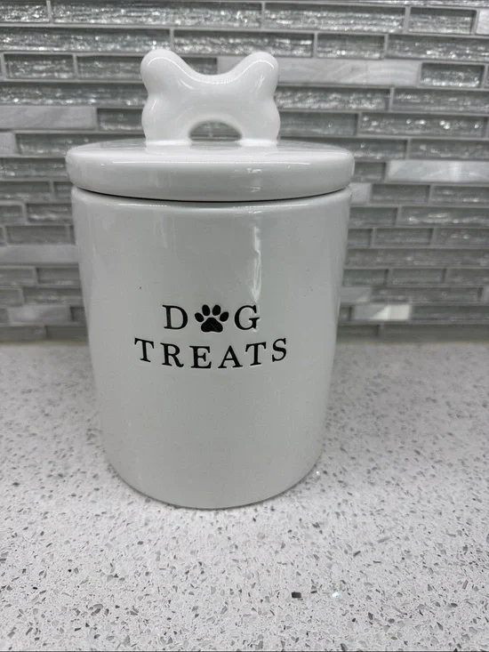 Ceramic Dog Treat Jar with Bone Lid - White